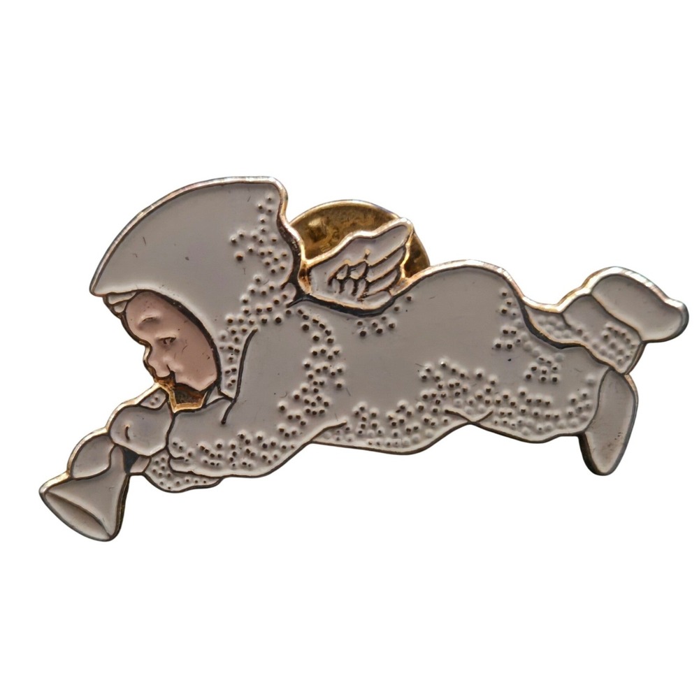Vintage 1993 Snowbabies Angel Baby Enamel Lapel Pin White Gold Tone